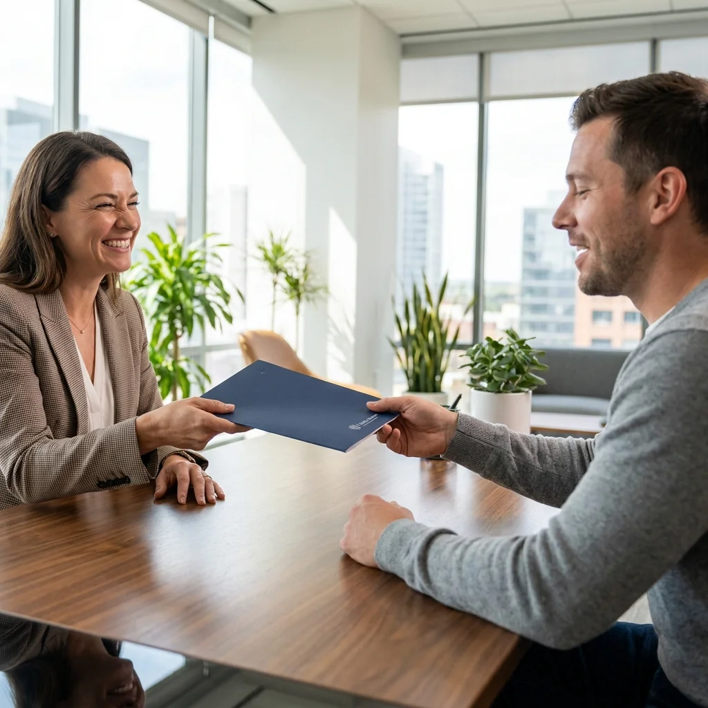 Woman handing folder to client 202607081924