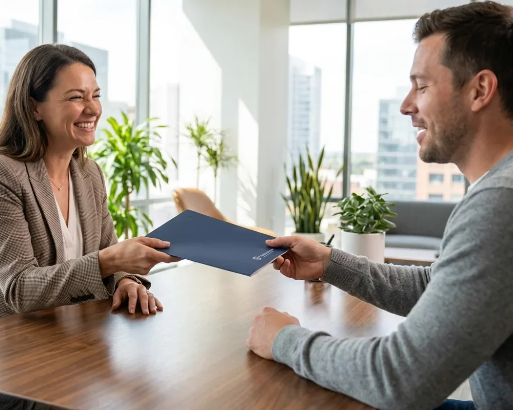 Woman handing folder to client 202607081924